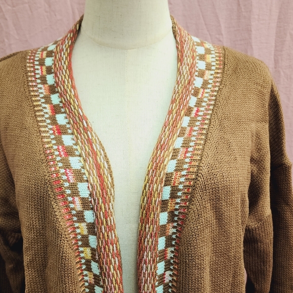 SHEIN LUNE Checkered & Geo Pattern Drop Shoulder Fringe Trim Duster Cardigan-(S) - Picture 7 of 10